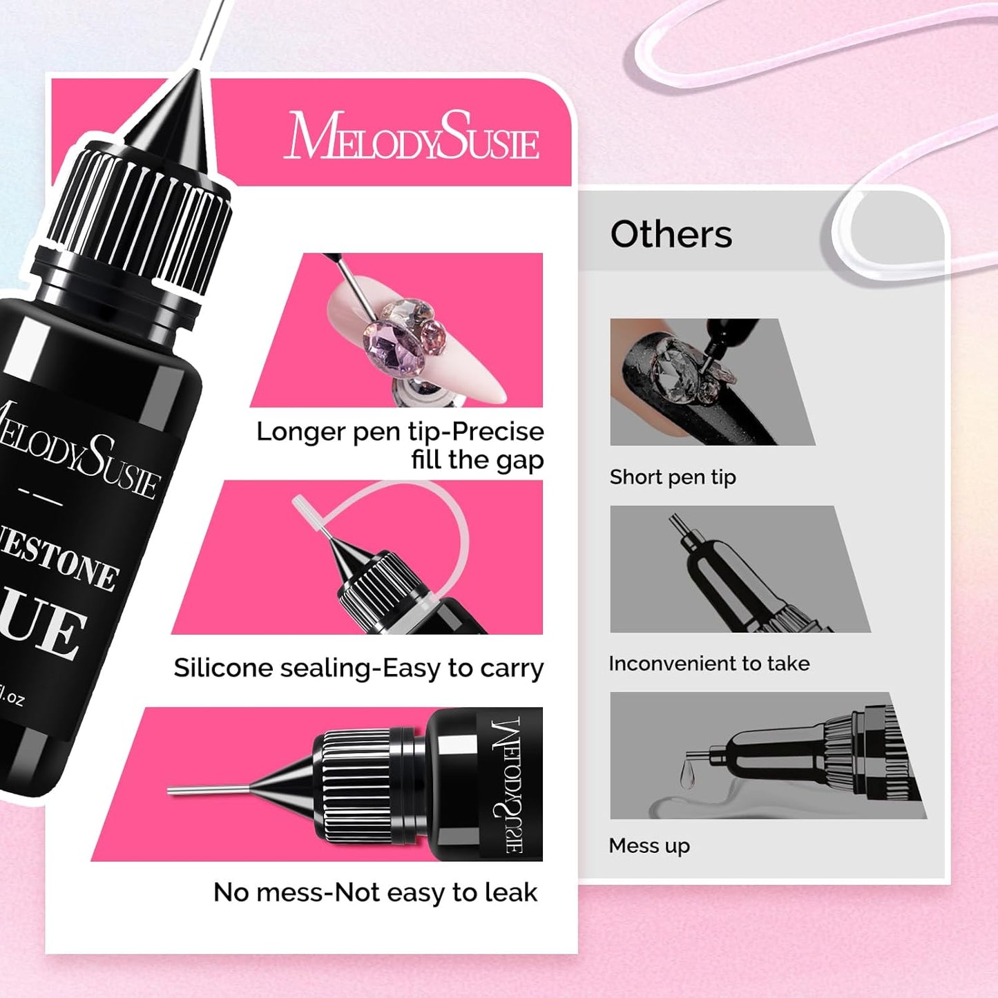 MelodySusie 2Pcs Nail Rhinestone Glue, 3D Gel Nail Art Design Strong Adhesive Nail Gem Glue for Nail Charms Gems Jewelry Decoration DIY Manicured at Home Cured Need Beauty Gifts for Women-Velvo Beauty