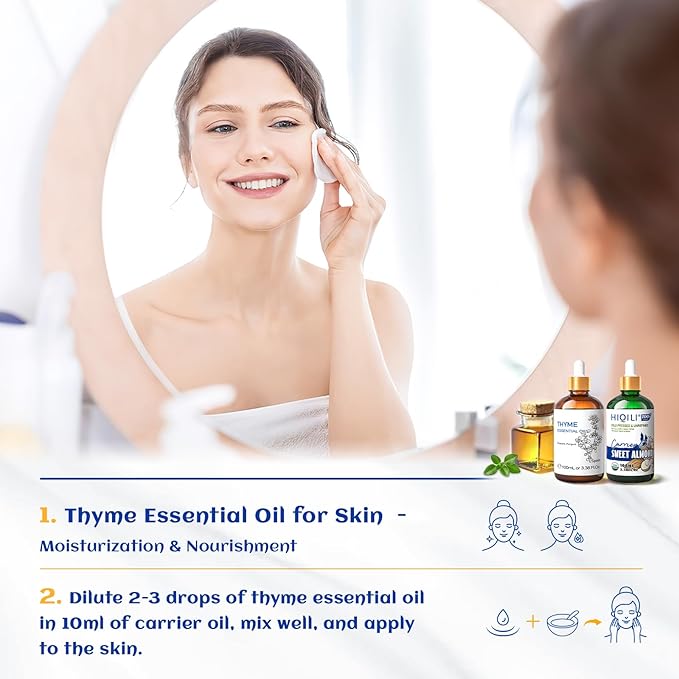 HIQILI 3.38 Fl Oz Thyme Essential Oil, 100% Pure Undiluted for Hair, Skin, Diffuser, Aromatherapy, Includes 10ML Travel Bottle - 100ML-Velvo Beauty