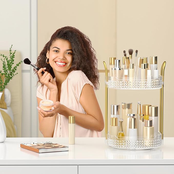 360 Rotating Makeup Organizer 2 Tier, Large Skincare Clear Make Up Storage Spinning Perfume Organizers for Bathroom Counter Dresser, White-Velvo Beauty