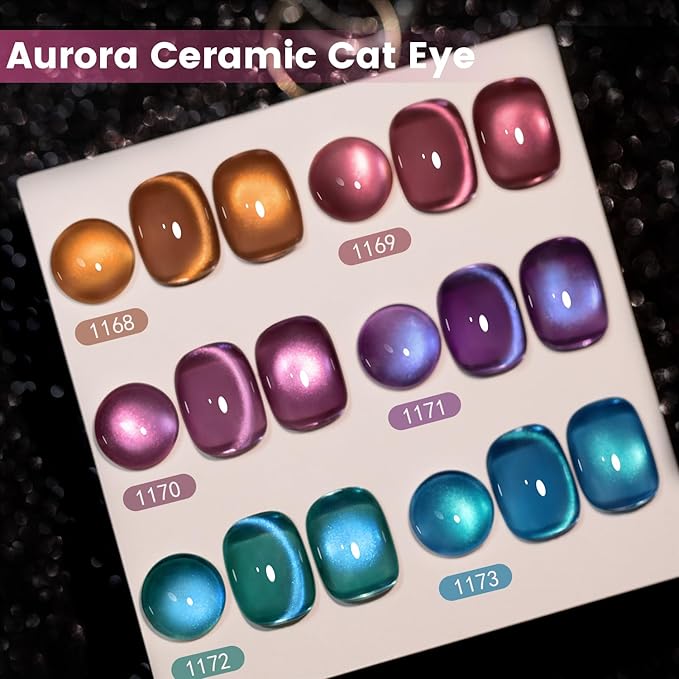 RARJSM Aurora Ceramics Glitter Glass Cat Eye Gel Nail Polish Set 6Pcs Pink Purple Brown Blue Green Shimmer Smoothie Cateye Colorful Galaxy Effect with Magnetic Stick UV LED Curing Require Home Salon-Velvo Beauty