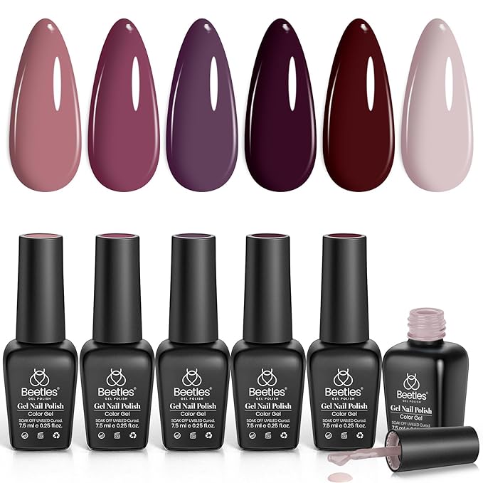 Beetles Purple Gel Nail Polish Set, Fall Burgundy Red Dark Purple Rose Petals Color Soak Off UV Light Cure Gel Polish Nail Art Design Gifts for Women-Velvo Beauty