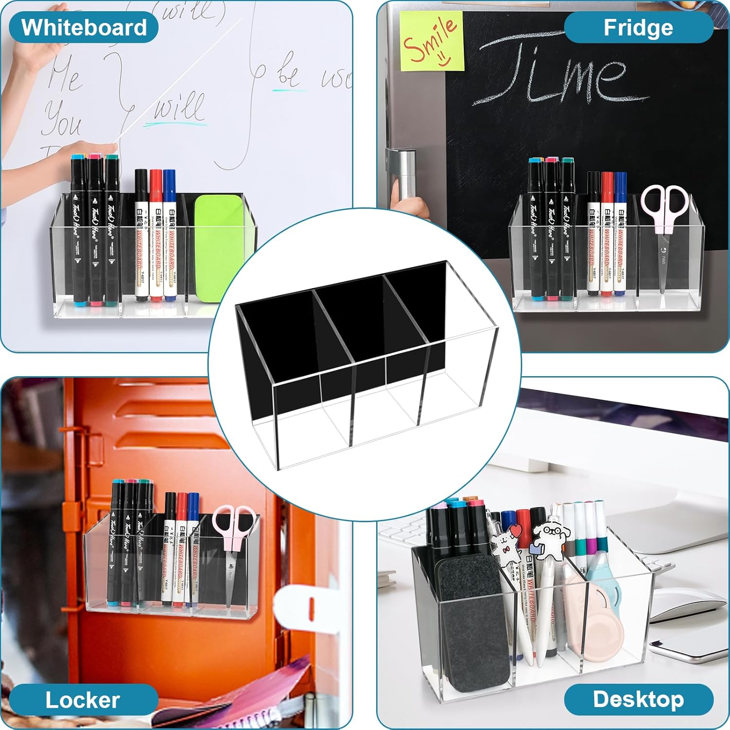 Magnetic Pen Holder, Acrylic Dry Erase Marker Holder, Large Capacity Pencil Holder for Whiteboards, Fridge, Lockers Office School Supplies (Clear & 3 Compartments)-Velvo Beauty