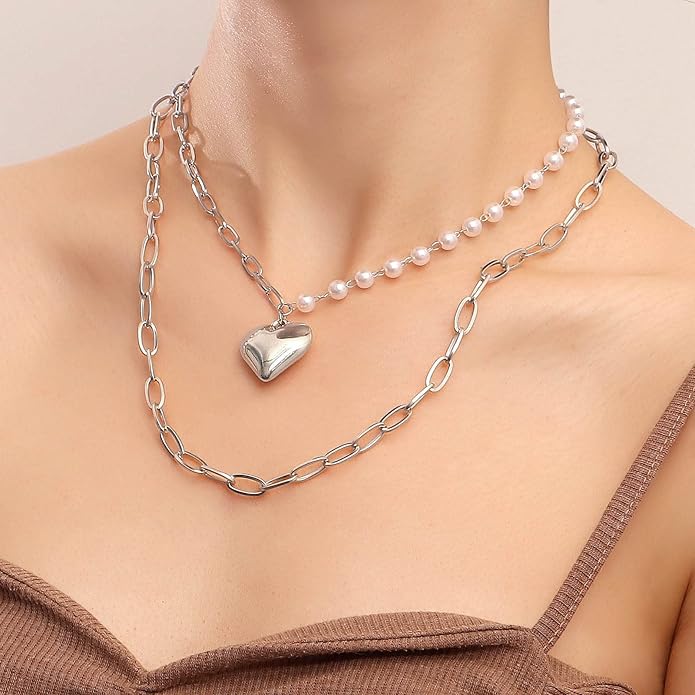 Boho Layered Pearl Choker Necklace Chain Vintage Gold Heart Pendant Cuban Chain Necklace Rock Statement Pearl Heart Necklace Asymmetrical Pearl Strand Necklace Jewelry for Women and Girls-Velvo Beauty