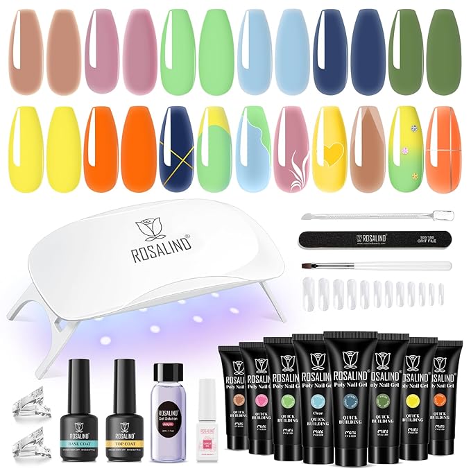 ROSALIND 8PCS Poly Nail Gel Kit with Mini Nail Lamp Clear Nude Poly Nails Gel Kit Starter Kit Nude Pink Nail Extensions Gel Set-Velvo Beauty