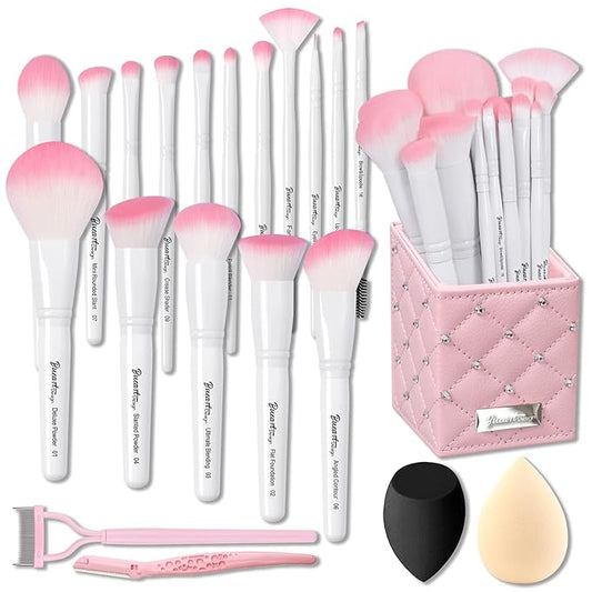 Bueart Design 16Pcs ULTRA SOFT labeled Makeup Brushes set with brush Holder face brush for Foundation Powder Blending Blush wooden Handle(16Pcs White+Pink Holder)-Velvo Beauty