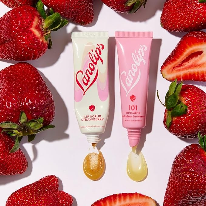 Lanolips Lip Scrub - Natural Lip Exfoliator Made with Lanolin, Vitamin E & Finely Ground Strawberry Seeds - Gentle Sugar Scrub for Healthy, Soft Lips - Strawberry (.35 oz)-Velvo Beauty