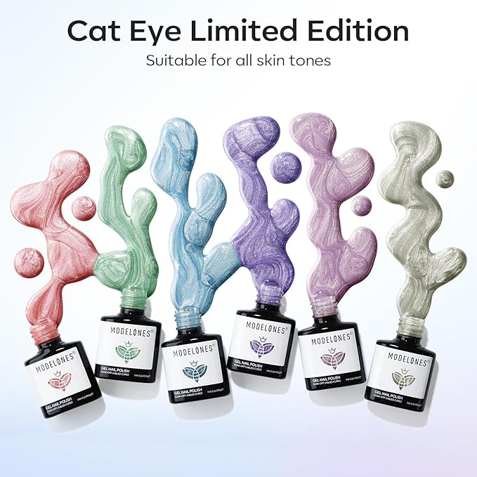 modelones Cat Eye Gel Nail Polish 6 Colors Red Green Silver Purple Blue Glitter Cat Eye Gel Polish Holographic 9D Semi-transparent With Magnet Soak Off Led Nail Art DIY Salon Gifts For Women Girl-Velvo Beauty