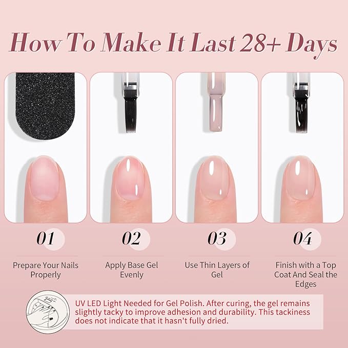 Born Pretty Milky White Jelly Nude Pink Gel Nail Polish Translucent Natural Sheer Pink Soak Off U v Light Cure Gel Polish Kit for Salon and Nail Art DIY at Home 6Colors-Velvo Beauty