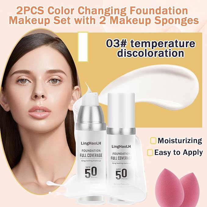 2PCS Color Changing Foundation Makeup Set with 2 Makeup Sponges,Moisturizing Full Coverage Liquid Foundation for Women,Non-greasy Long Lasting Flawless Concealer Cream Makeup Foundation Set-Velvo Beauty