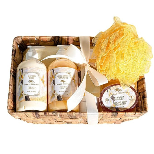 Camille Beckman Essentials Gift Basket, French Vanilla, Glycerine Hand Therapy 6 oz, Silky Body Cream 13 oz, Hand and Shower Cleansing Gel 13 oz, Glycerine Soap 3.5 oz-Velvo Beauty