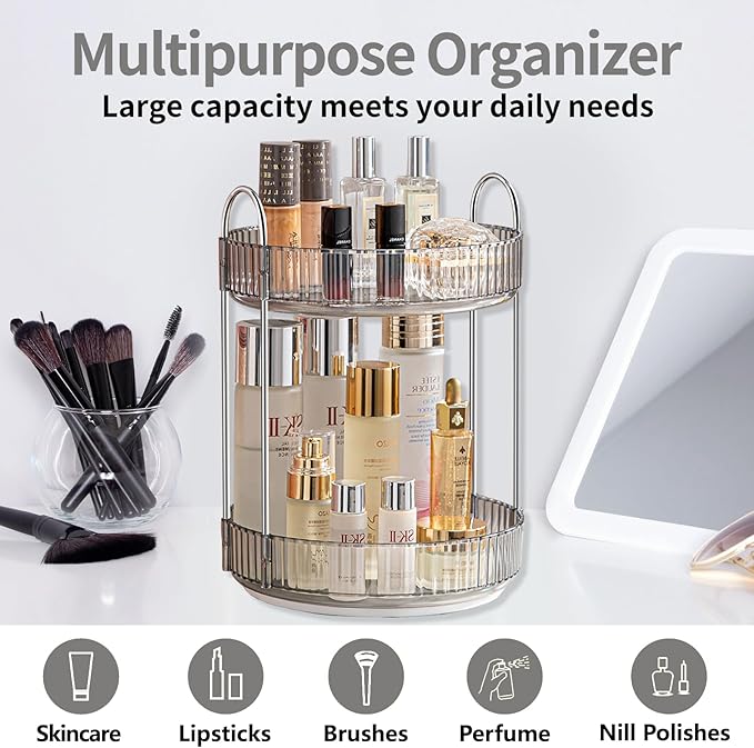 360 Rotating Makeup Organizer for Vanity,Bathroom Countertop Organizer,Spinning Perfume Organizer&Vanity Organizer(Grey-2 Tier)-Velvo Beauty