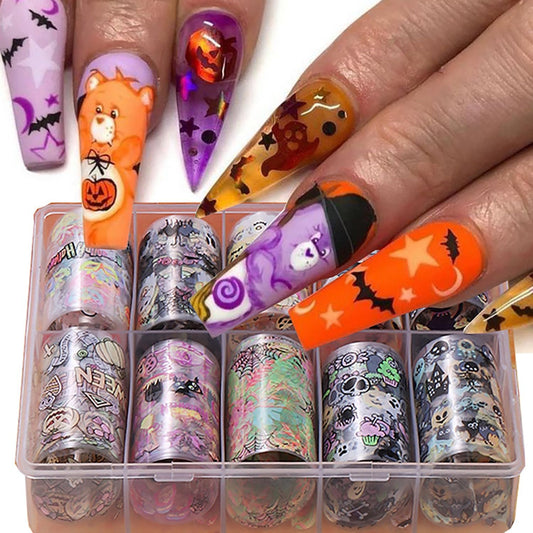 Halloween Nail Foil Transfers Stickers 10 Rolls Cartoon Design Halloween Nail Art Foils Decals Ghost Pumpkin Spider Bat Nail Transfer Foil Cute Nails Supplies Set for Women DIY Manicure Decorations-Velvo Beauty