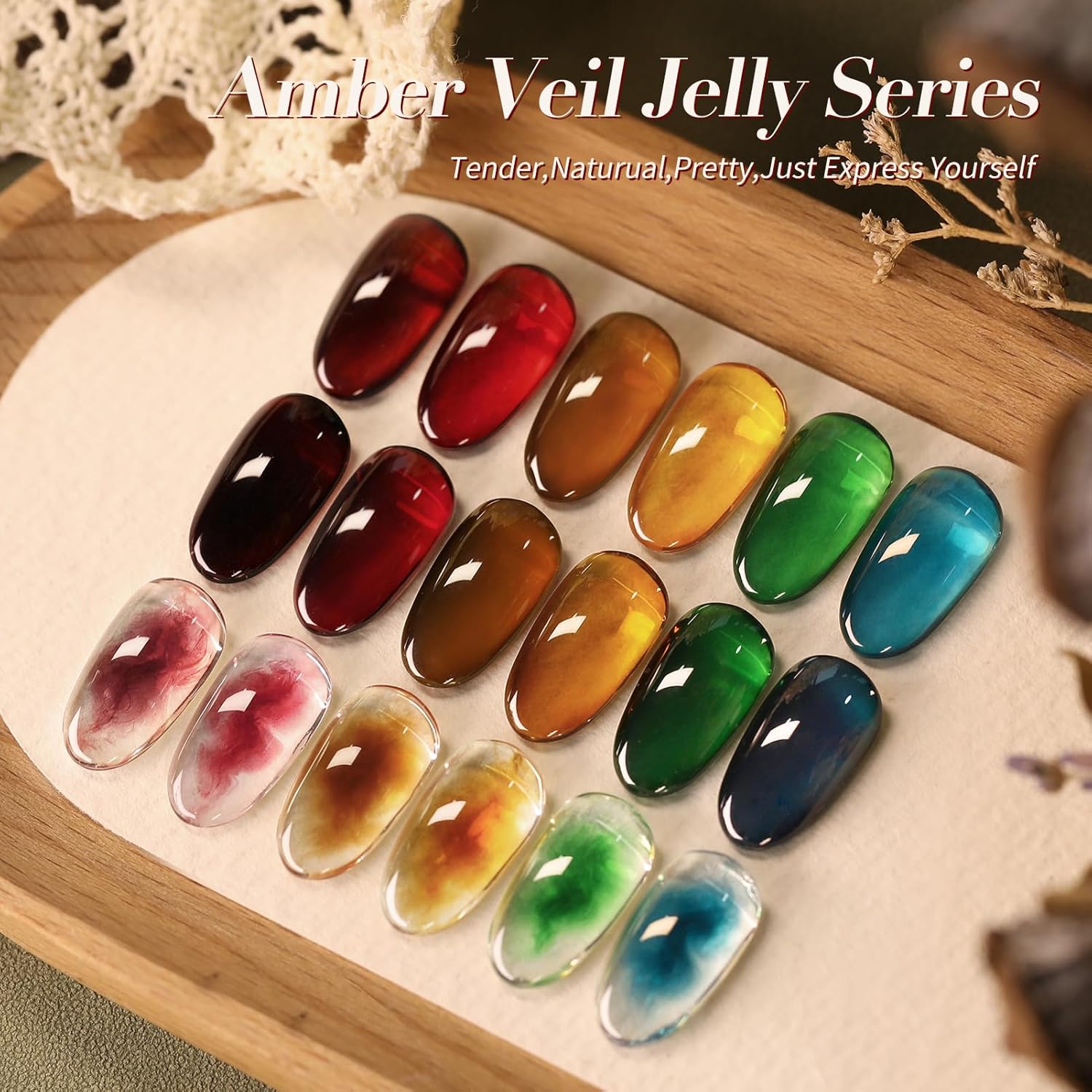 Born Pretty Jelly Gel Nail Polish Fall Winter Amber Crystal Transparent Sheer Clear Gel Polish Red Coral Burnt Orange Green Blue Amber Brown 6 Colors Manicure Kit-Velvo Beauty