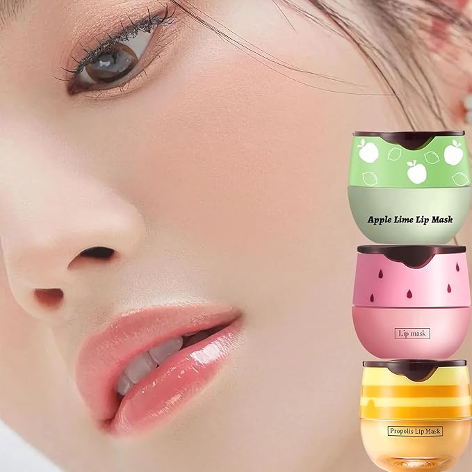 3 PCS Bee Lip Balm Lip Mask Honey Pot, Honey & Strawberry & Apple Lime Lip Mask Overnight Propolis Moisturizing Lip Balm with Stick,Hydrating Repair Lip Sleeping Mask,Prevention Dry and Cracked-Velvo Beauty