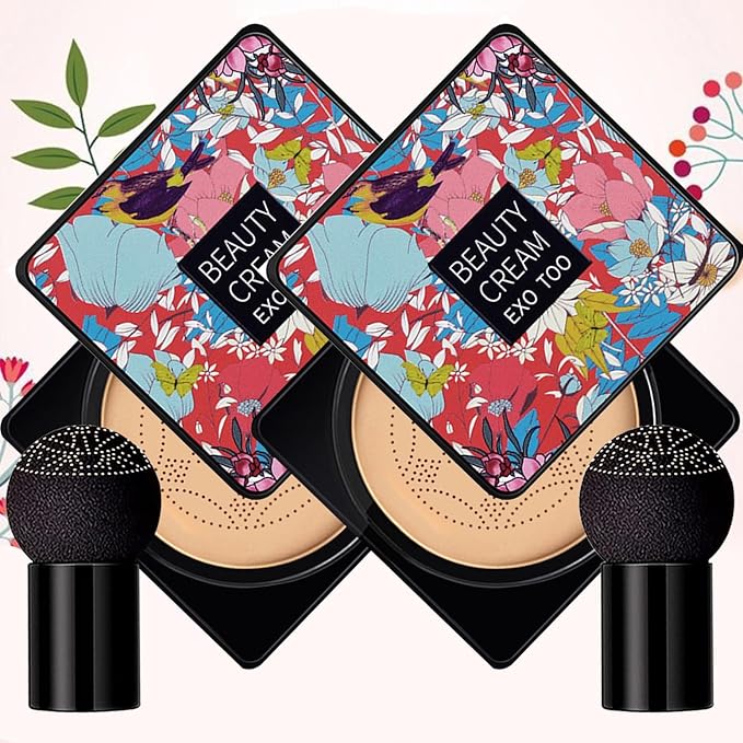 2 Pack Beauty Cream EXO TOO Foundation, Beauty Cream Makeup Base, Moisturizing, Long Lasting Matte Air Cushion CC Cream Concealer with Two Mushroom Head Sponges-Velvo Beauty
