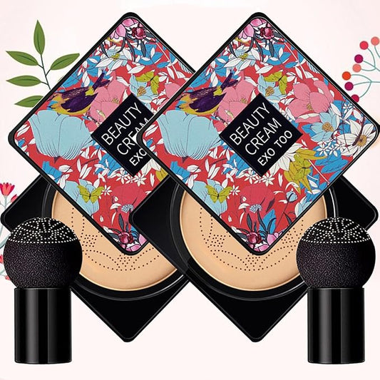 2 Pack Beauty Cream EXO TOO Foundation, Beauty Cream Makeup Base, Moisturizing, Long Lasting Matte Air Cushion CC Cream Concealer with Two Mushroom Head Sponges-Velvo Beauty