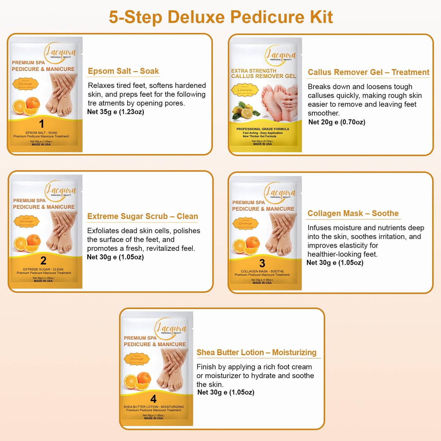 Epsom Salt Soak, Callus Remover Gel, Extreme Sugar Scrub, Collagen Mask & Shea Butter Lotion – Professional Spa Foot Care System 5 Step Luxury Pedicure Kit. Orange 03 Set-Velvo Beauty