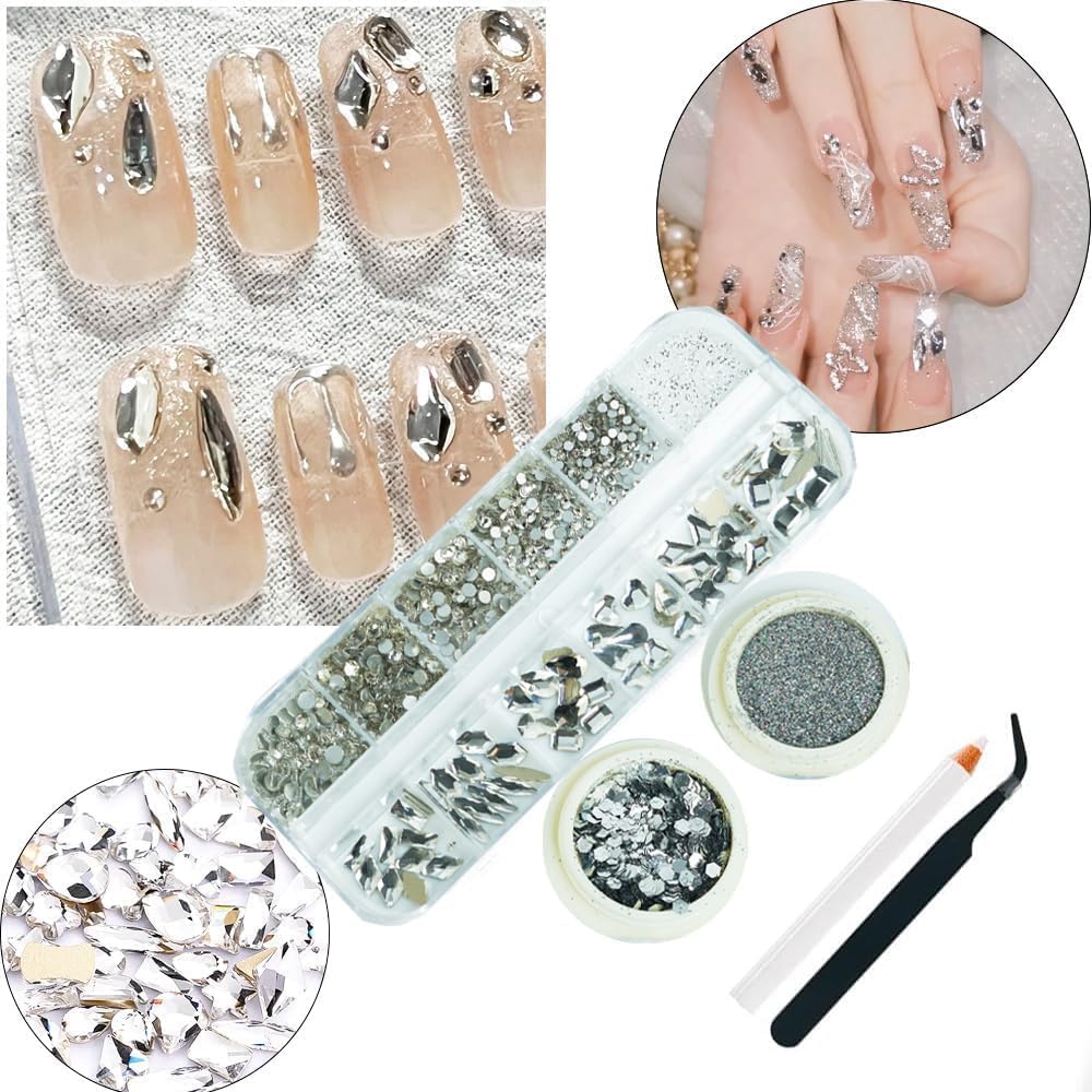 3 Boxes Silver Nail Rhinestones with Fine Glitters Kit, 60Pcs Big Assorted Silver Nail Gems with S6-S16 Flatback Round Stones,Crystals Nail Gem Stones for Faces Body DIY Crafts-Velvo Beauty