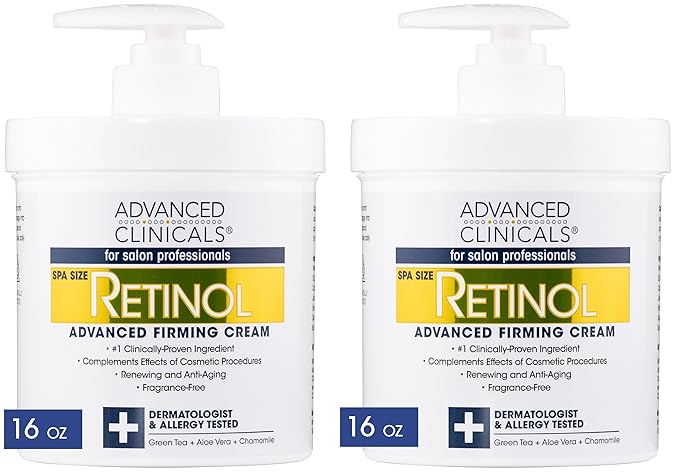 Advanced Clinicals Retinol Cream Face Moisturizer | Crepey Skin Care Treatment | Fragrance Free Body Lotion Targets Look Of Crepe Skin, Wrinkles, & Sagging Skin, 16 Oz (2-Pack)-Velvo Beauty