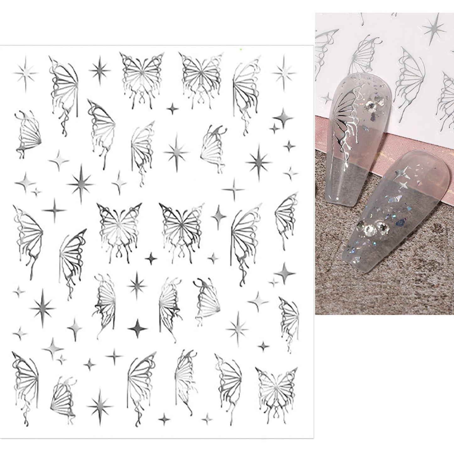 SILPECWEE 6 Sheets Butterfly Nail Stickers - 3D Nail Art Decals, Metallic Silver Aurora Retro Designs, Self-Adhesive Manicure Stickers-Velvo Beauty