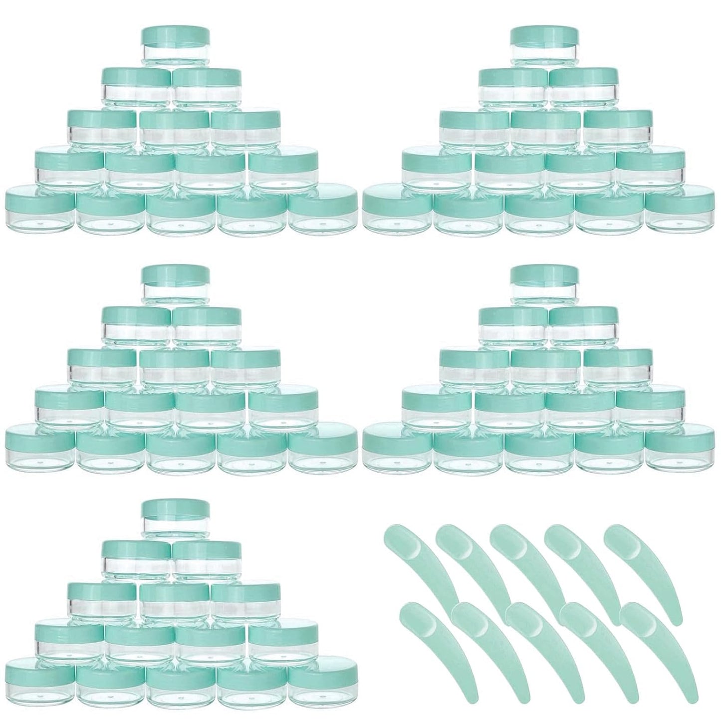 Refillable Cosmetic Sample Jars - 100 Pack 10g (0.35oz) Green Small Travel Containers with Lids + 10 Mini Makeup Spatulas - BPA Free-Velvo Beauty
