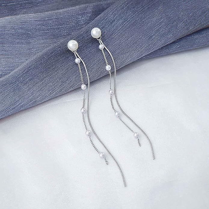 Vintage Pearl Dangle Earrings Long Pearl Chain Earrings Silver Pearl Tassel Drop Earrings Tiny Pearl Bridal Earrings Jewelry for Women-Velvo Beauty