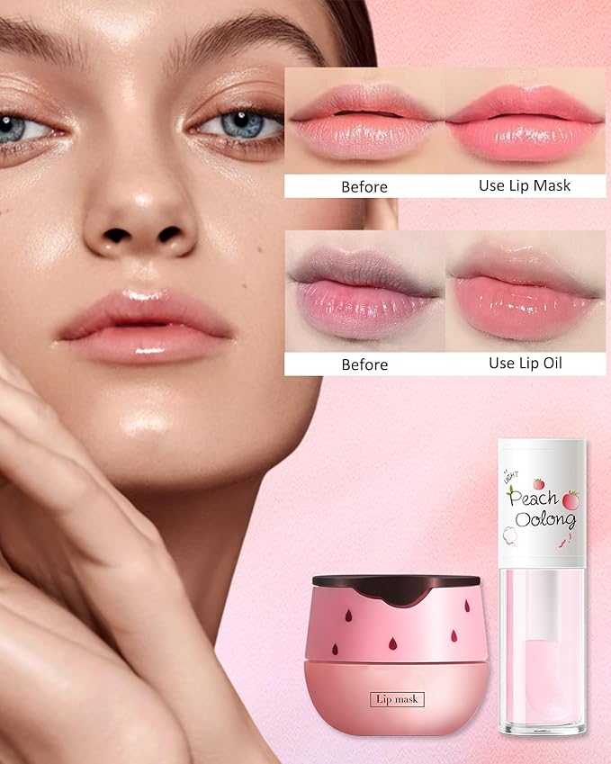 2PCS Strawberry Lip Balm Honey Pot Lip Mask & Hydrating Lip Glowy Oil Lip Care Set, Lip Moisturizing Treatment Nourishing Lip Gloss, Reduce Lip Line & Plump Dry Cracked Lip Scrub Exfoliator -Set B-Velvo Beauty