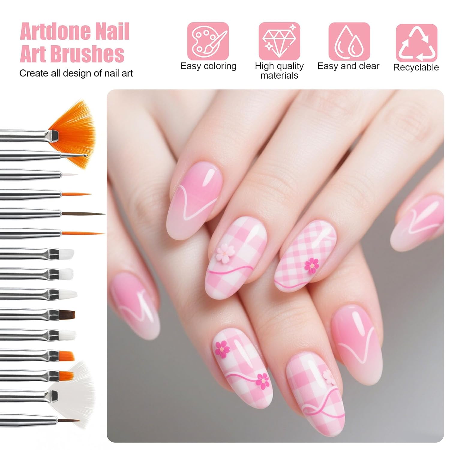 Artdone 15pcs Pink Nail Art Brushes, Nail Art Tool Set, Dotting Tools, Dust Brush,Striping Brushes for Long Lines, Drawing Pen For Gel Polish Design supply-Velvo Beauty
