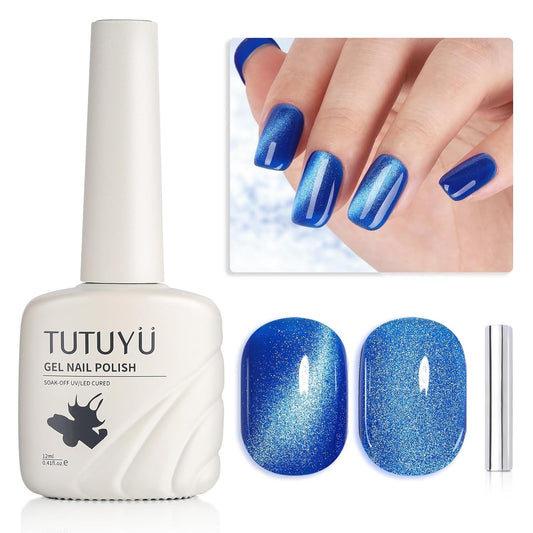 Blue Cat Eye Gel Nail Polish, LED UV Nail Lamp Needed Navy Blue Cateye Gel Polis Color for Summer Spring Winter, Perfect for DIY at Home & Ideal Gift for Nail Art Lovers!-Velvo Beauty