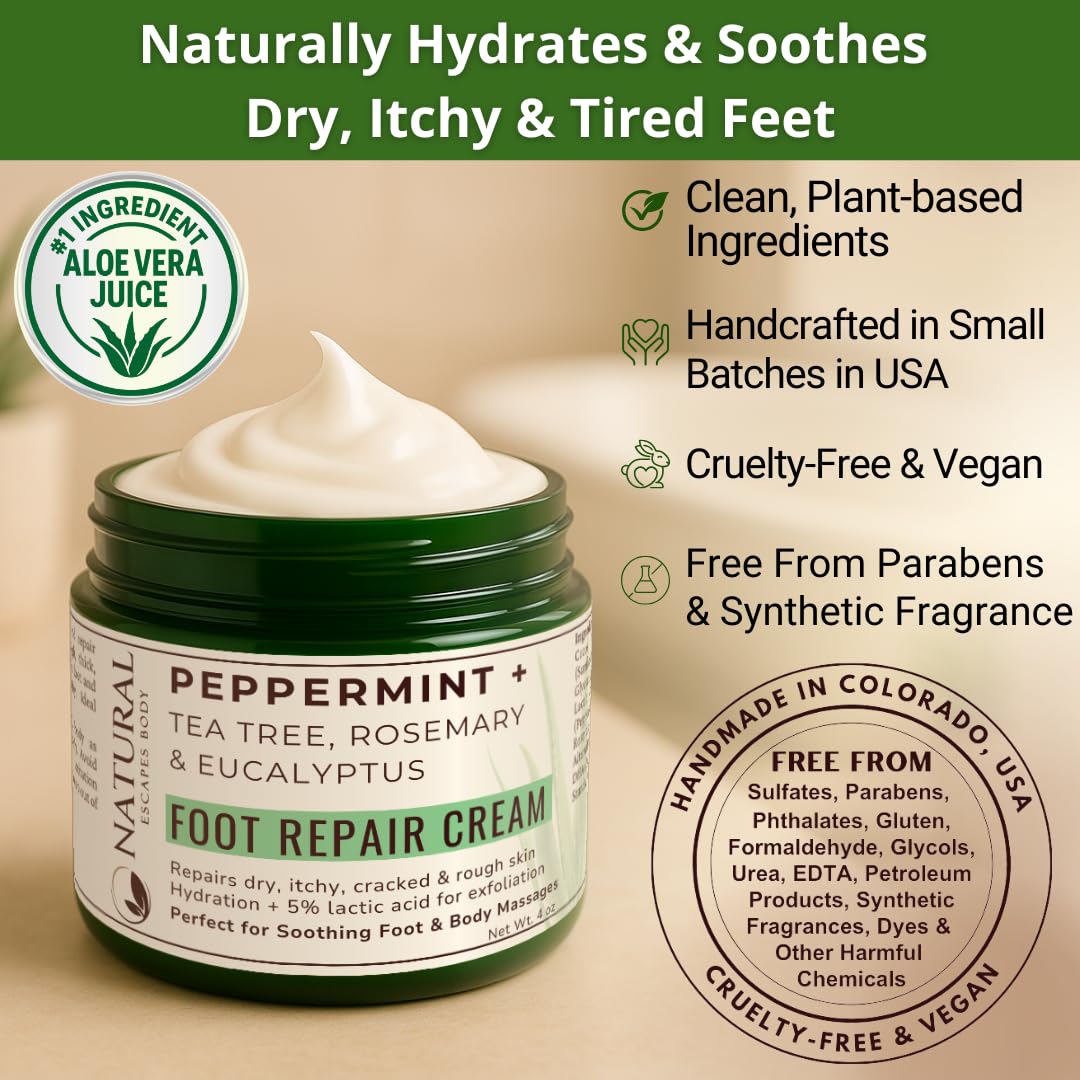 Peppermint + Rosemary, Eucalyptus & Tea Tree Foot Cream for Dry Cracked Heels and Feet - Moisturizing Foot Lotion for Cracked Heel Repair - Callus Remover with Lactic Acid (4 oz)-Velvo Beauty