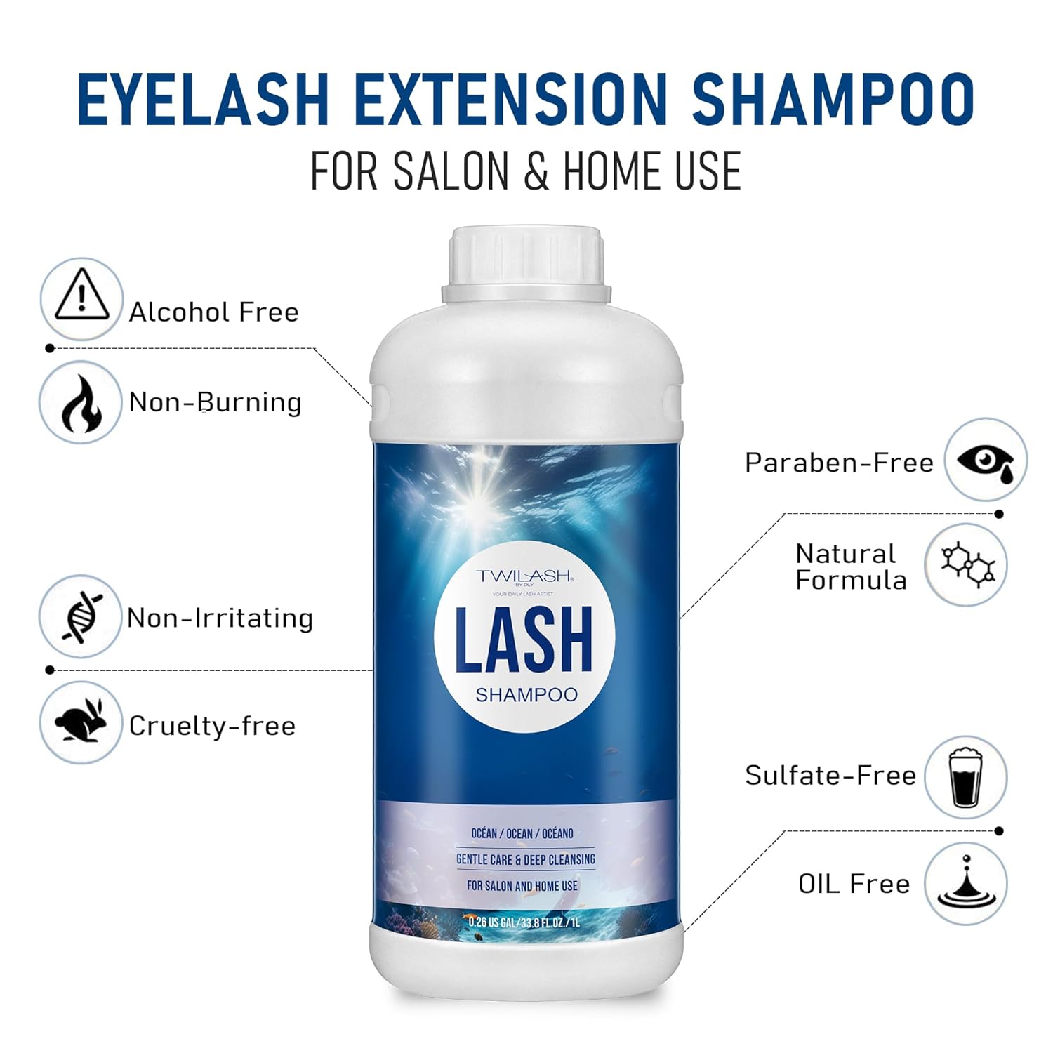 Lash Shampoo Bulk, Eyelash Cleanser for Extensions 1 Liters, Safe Makeup Remover, Non-irritating or Burning Formula Eyelid Foaming Cleanser for Professional Salon and Home Use (Ocean-1L)-Velvo Beauty