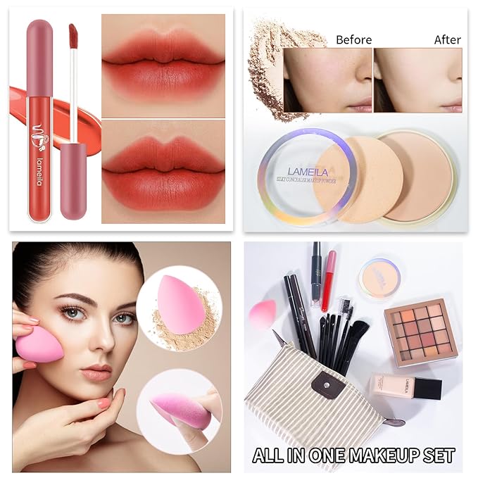 Makeup Set Full Kit for Girls Teens Women, Makeup Present Set, Includes Eyeshadow, Foundation, Mascara, Face Blusher, Eyebrow Pencil, Eyeliner, Brushes, Lip Gloss, Sponge, Cosmetic Bag-Velvo Beauty