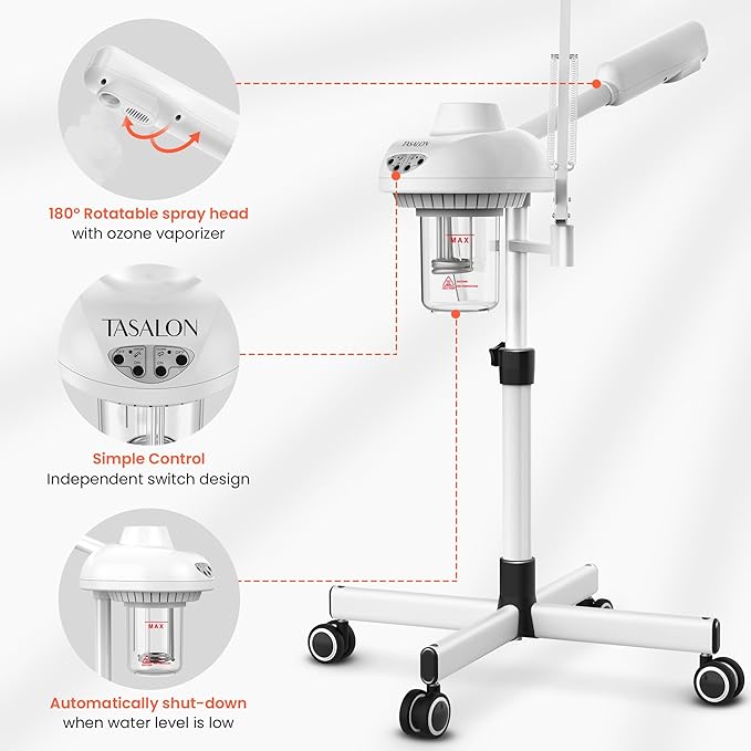 TASALON 2-in-1 Professional Facial Steamer with 5X Magnifying Lamp, Esthetician Steamer on Wheels, White, Facial Steamer, Cleansing, Hydrating, Pore Treatment-Velvo Beauty