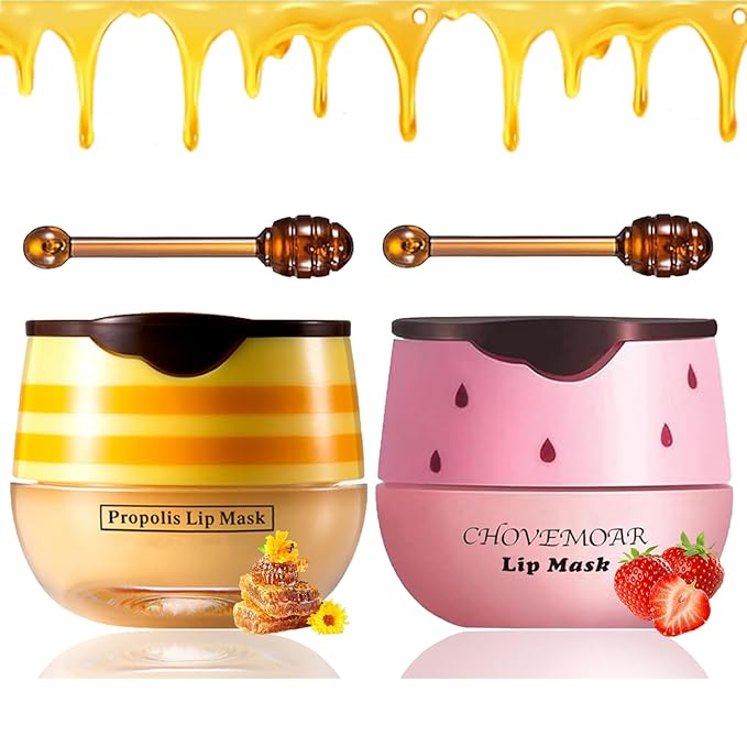 2 PCS Bee Lip Balm Honey Pot, Honey & Strawberry Lip Mask Vitamin E & Moisturizing Propolis Sleeping Lip Mask Prevention Dry and Cracked Lip Scrubs Exfoliator, Christmas Gifts-Velvo Beauty
