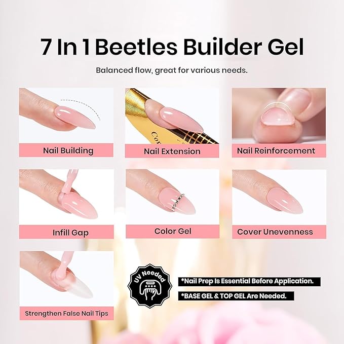 Beetles Builder Gel for Nails, 7 in 1 Builder Nail Gel Nude Jelly Beige Color Building Nail Apex & Nail Extension Strengthener Thin Nails DIY Nail Art Design for Beginner Women-Velvo Beauty