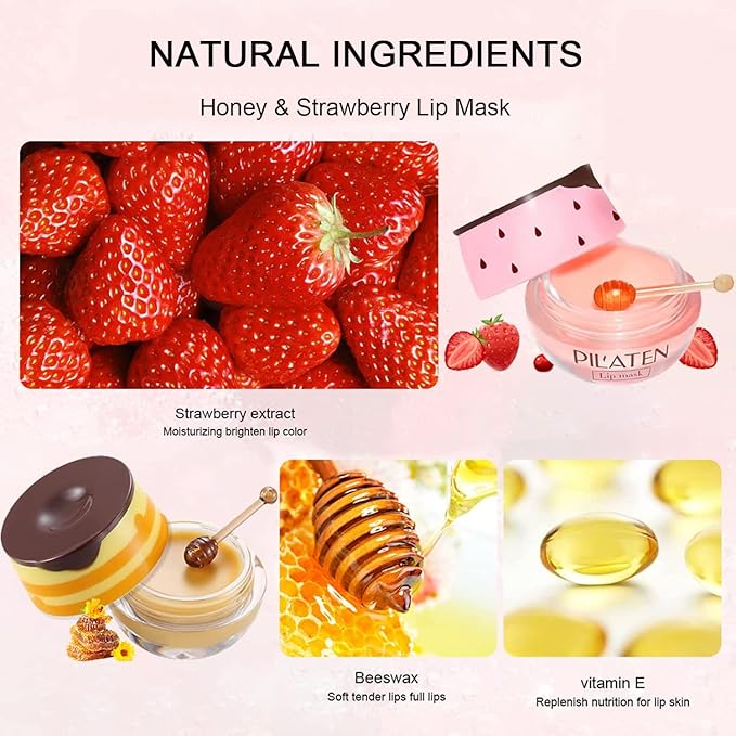 4Pcs Bee Lip Balm Honey Pot, Honey & Strawberry Lip Balm Moisturizing Lip Mask with Stick Hydrating & Prevention Dry and Cracked Lip Scrubs Exfoliator, Lip Sleep Mask Reduces Lip Lines-Velvo Beauty