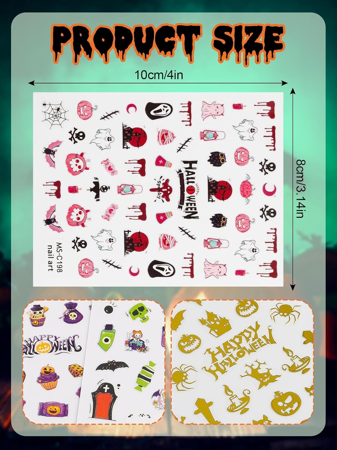 Halloween Nail Art Stickers Decals, Kalolary Self-Adhesive DIY Nail Sticker Decals 3D Design Nail Decorations for Halloween Party Include Pumpkin/Bat/Ghost/Witch(12 Sheets)-Velvo Beauty