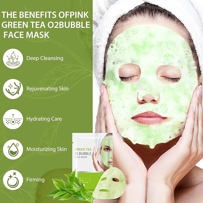 10 Sheets Face Masks Skincare O2 Bubble Green Tea Face Mask, Cleaner Bubble Sheet Masks Foaming Purifying Facial Mask for Pores, Moisturizing Spa Face Masks Skin Care For All Skin Type-Velvo Beauty