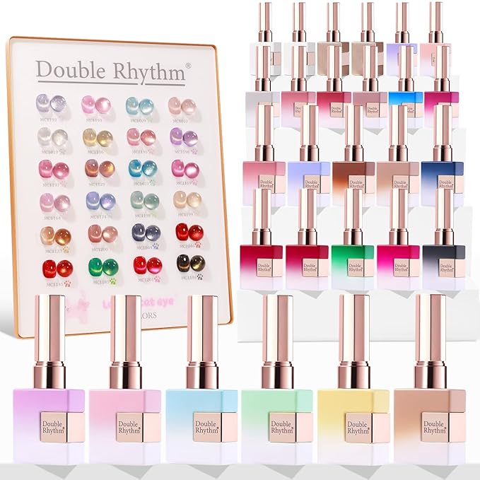 Double Rhythm 28Pcs 0.5Oz Cat Eye Gel Nail Polish Set Same Color Same Bottle Soak Off Magnetic Gel Polish Kit Nail Art Manicure Salon DIY at Home (Silver Gold Red Black-T24-7)-Velvo Beauty