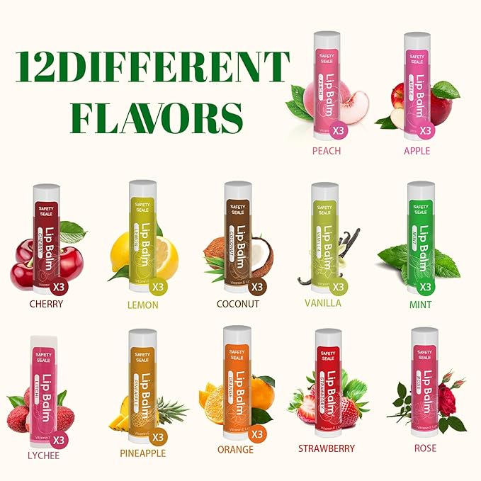36 Pack Natural Lip Balm Bulk with Vitamin E and Coconut Oil - Moisturizing, Soothing, and Repairing Dry and Chapped Lips - 12 Flavors - Non-GMO-Velvo Beauty