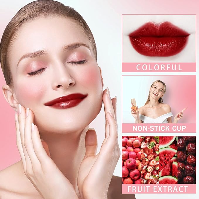 4 Pcs Fruit Lip Stain Set, Vivid Watery Lip Tint Lip Gloss, Plump Velvet Lip Tint Stain, Natural Matte Liquid Lipstick for Lips Cheek Eye, Non-Stick Cup Mini Tinted Lip Long lasting Waterproof-Velvo Beauty