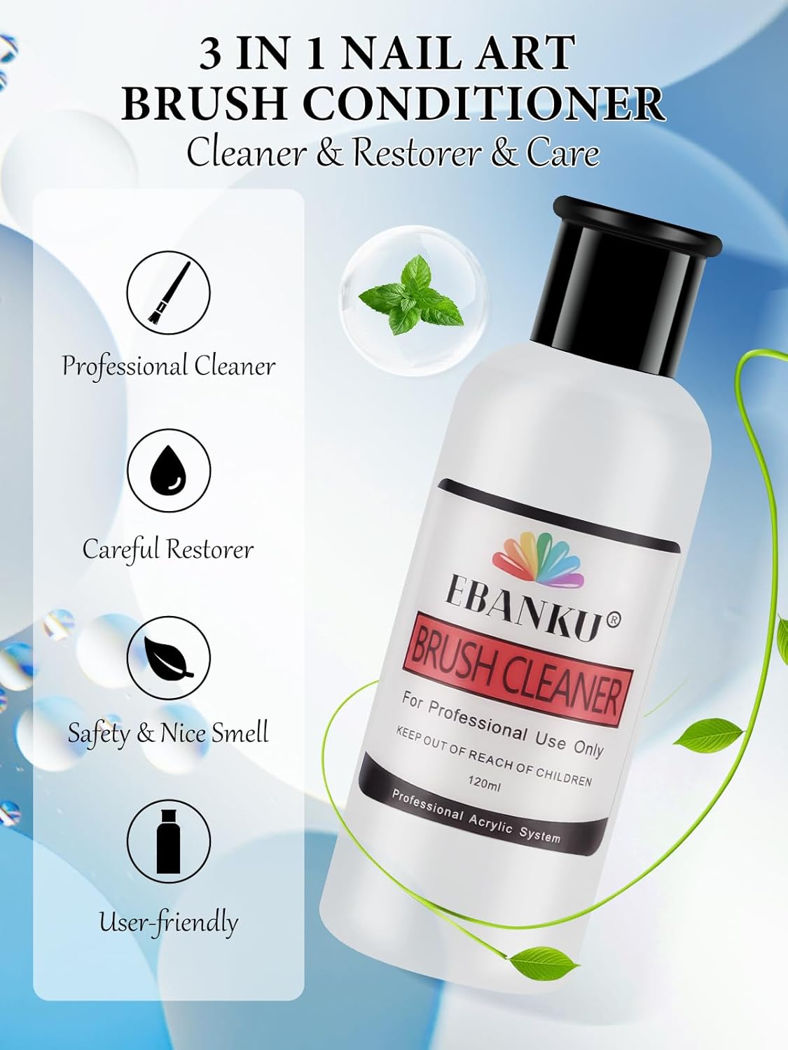 EBANKU 120ml Acrylic Nail Brush Cleaner, 3 in 1 Nail Art Brushes Conditioner Nail Brush Clean Solution Quickly Clean With Glass Cup and Scrub Brush for Solid Gel Polish/Nail Extension Gel-Velvo Beauty