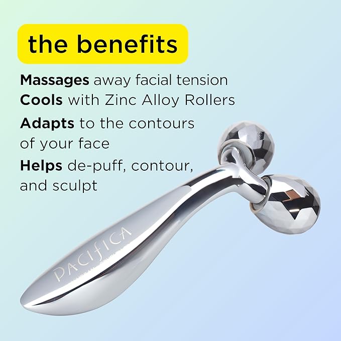 Pacifica Future Youth Stainless Steel Face Roller – Cooling Dual Gua Sha Facial Massager for Sculpting, Contouring & De-Puffing – Anti-Aging Skin Care Tool for Wrinkles & Fine Lines Lymphatic Drainage-Velvo Beauty