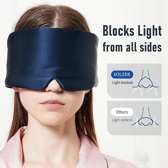 Nature Silk Sleeping Mask Soft Featherweight Eye Mask Large Wrap-Around Blindfold with Adjustable Velcro Blackout for Wild Sleeper Nose Cut (NavyBlue)-Velvo Beauty