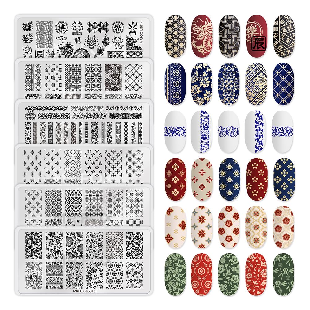6 Pcs Nail Plates Stamping Set Dragon Patterned Chinese Traditional Decoration Style Nail Art DIY Stamping Template-Velvo Beauty