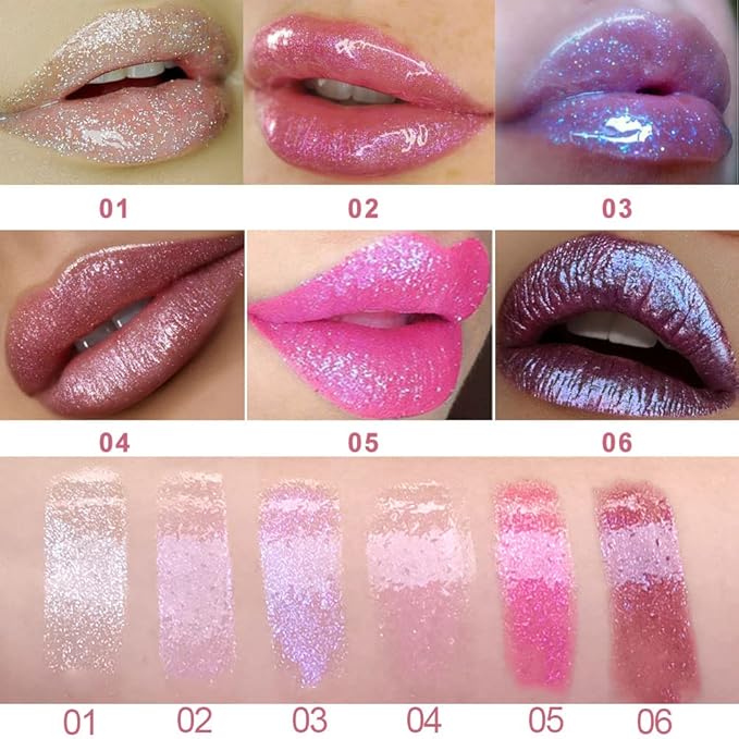 evpct 6Pcs Holographic Shimmer Lip Gloss Liquid Lipstick Set Makeup, Pink Red Metallic Lipstick Long Lasting Waterproof, Diamond Shinning Sparkly Sparkle Lipstick Face Eye Moisturizing High Gloss Glow-Velvo Beauty