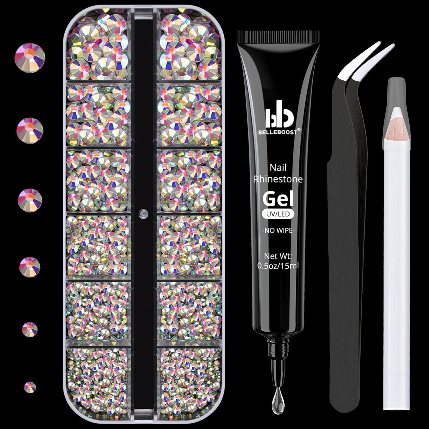 Nail Art Rhinestone Glue Gel&1 Box Flatback Gems Kit, 1 Tube of 15ml Rhinestone Gel Glue(UV/LED Needed)+Crystal AB Gems with Pickup Tools-Velvo Beauty
