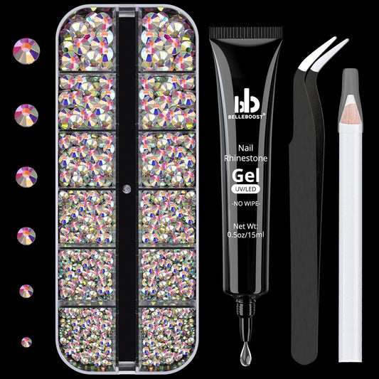 Nail Art Rhinestone Glue Gel&1 Box Flatback Gems Kit, 1 Tube of 15ml Rhinestone Gel Glue(UV/LED Needed)+Crystal AB Gems with Pickup Tools-Velvo Beauty