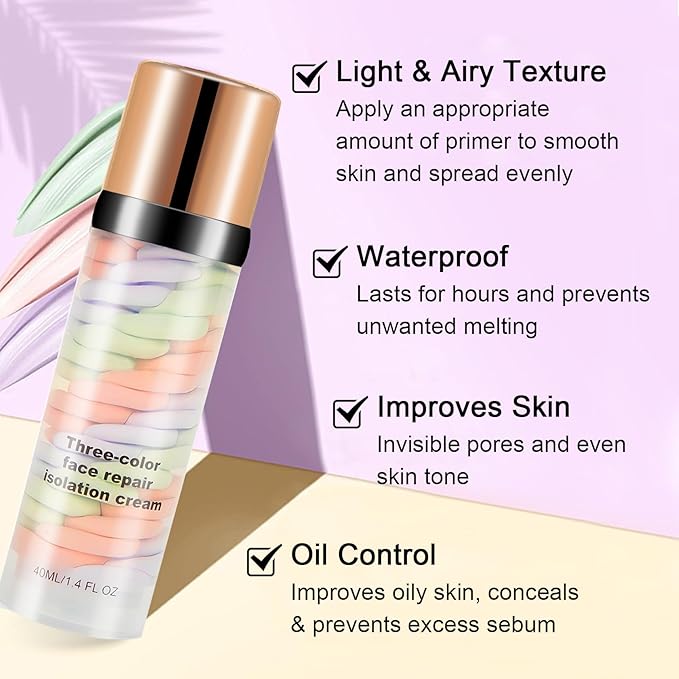 3 In 1 Color Corrector Makeup Primer Color Correcting Primer Cream Tinted Moisturizer Brightening Primer Facial Serum Isolation Cream Neutralizes Skin Tone for Face Before Makeup Base Cream-Velvo Beauty