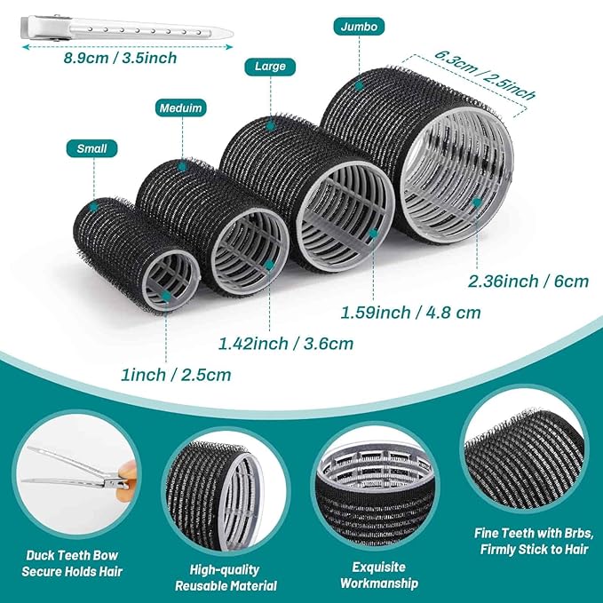 Acejoz Hair Rollers for Blowout Look, 38 Pcs Self Grip Hair Rollers Set with 4 Sizes, 12 Pcs Hair Clips, Comb and Storage Bag for Hair Volume (Black)-Velvo Beauty